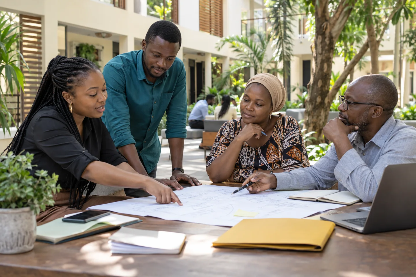 Editorial illustration of a team planning together