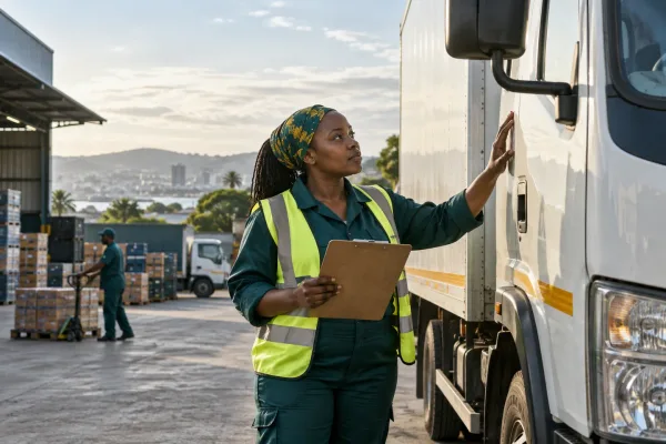 Editorial illustration: A driver checking a clipboard beside a truck.