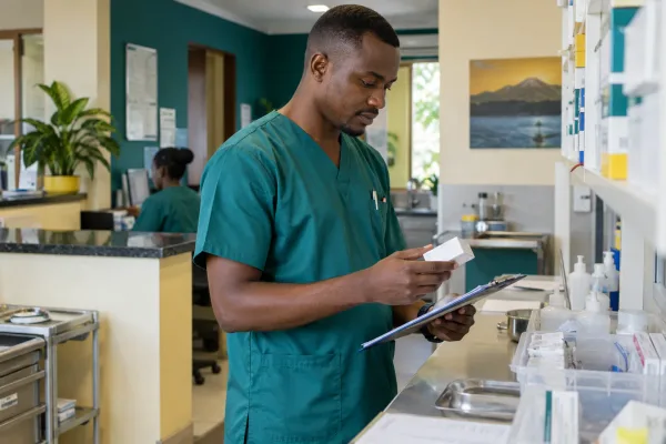 Editorial illustration: A healthcare worker checking a package and clipboard.