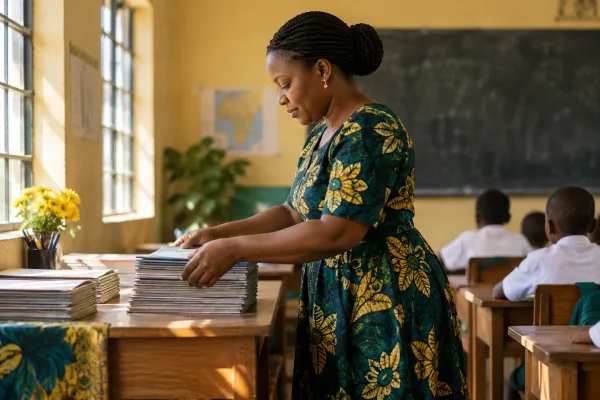 Editorial illustration: A teacher arranging exercise books in a classroom.