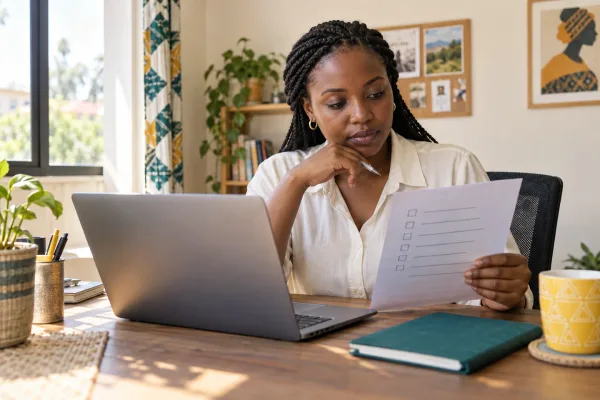 Editorial illustration: A woman reading a printed checklist beside a laptop.